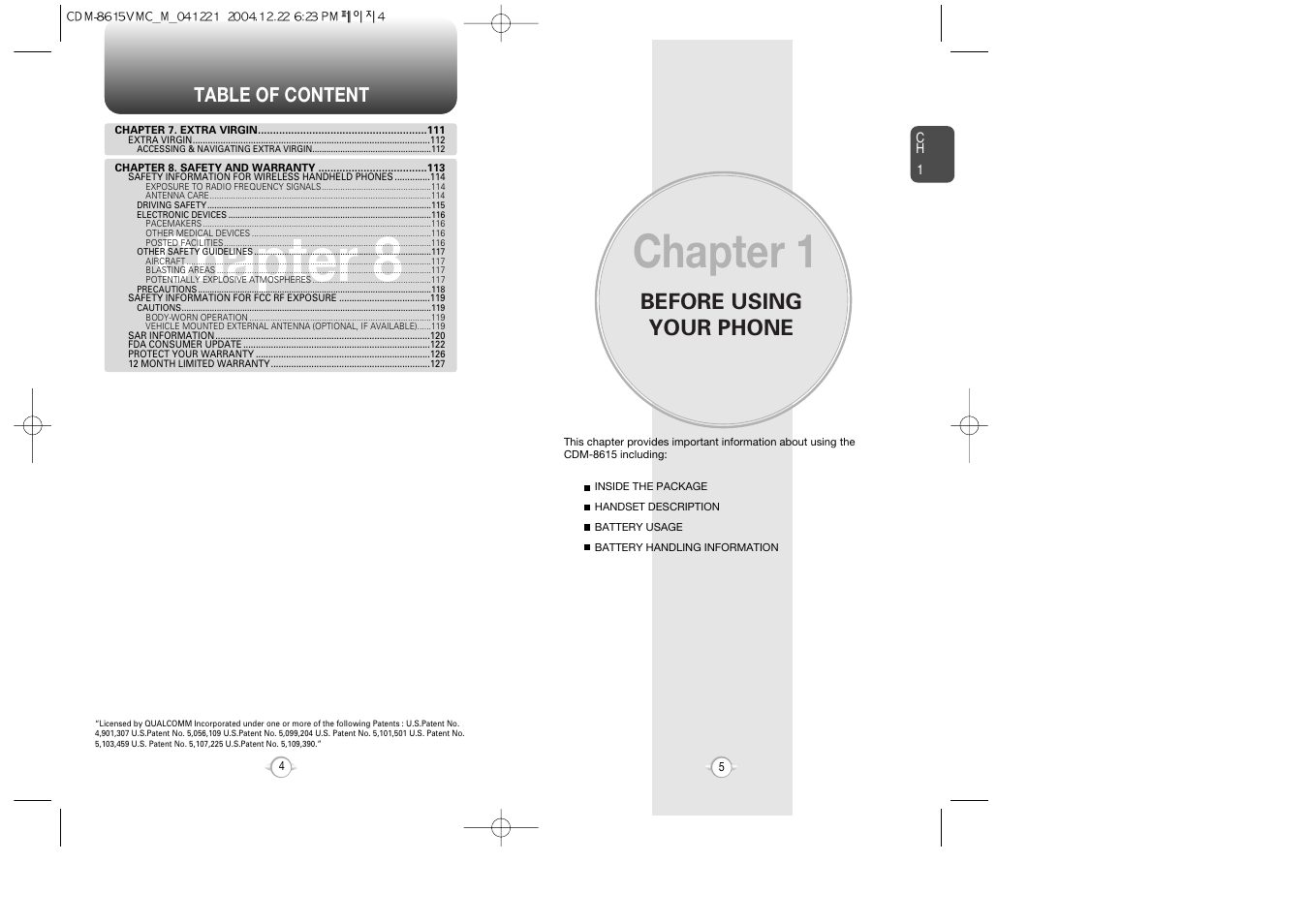 Chapter 8, Chapter 1, Before using your phone | Table of content | Audiovox CDM-8615 User Manual | Page 4 / 66