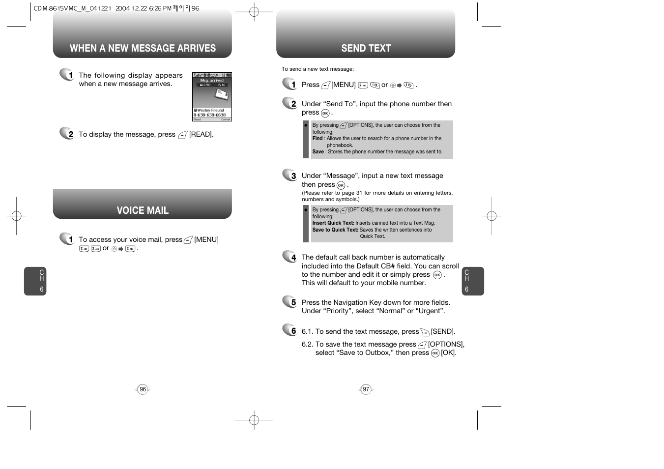 Voice mail, When a new message arrives send text | Audiovox CDM-8615 User Manual | Page 50 / 66