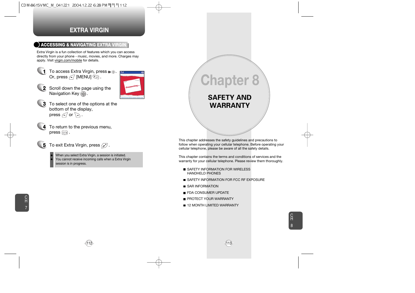 Chapter 8, Safety and warranty, Extra virgin | Audiovox CDM-8615 User Manual | Page 58 / 66