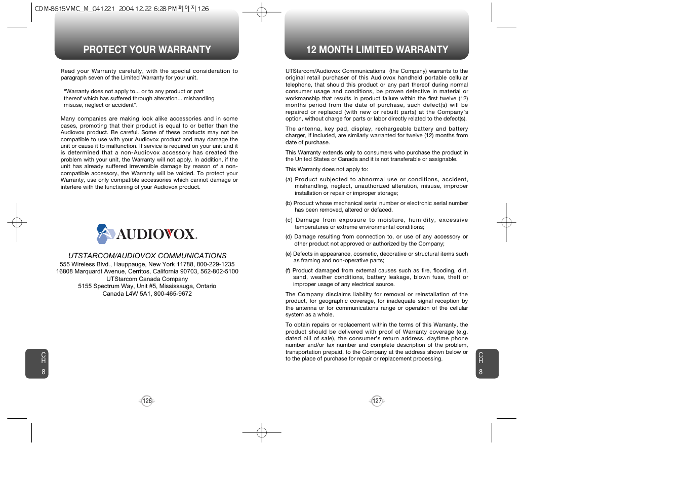 Protect your warranty 12 month limited warranty | Audiovox CDM-8615 User Manual | Page 65 / 66