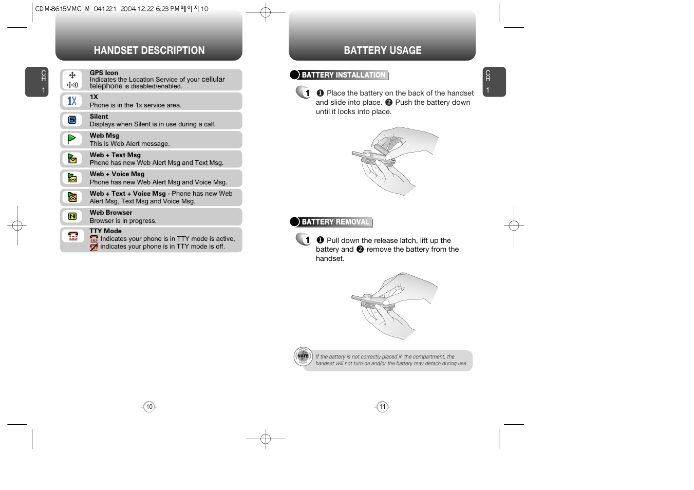 Handset description battery usage | Audiovox CDM-8615 User Manual | Page 7 / 66