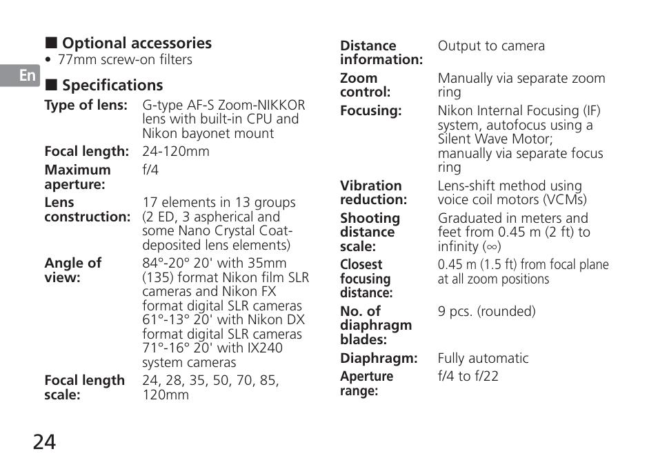 Nikon 24-120mm-f-4G-ED-AF-S-VR-Zoom-Nikkor User Manual | Page 24 / 164