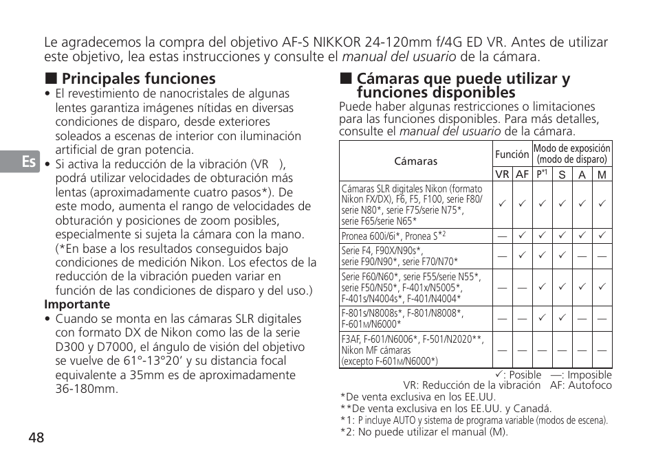 Jp en de fr es se ru nl it cz sk ck ch kr, Cámaras que puede utilizar y funciones disponibles, Principales funciones | Nikon 24-120mm-f-4G-ED-AF-S-VR-Zoom-Nikkor User Manual | Page 48 / 164