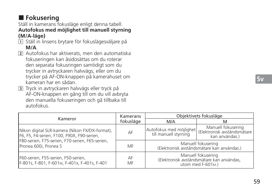 Jp en de fr es sv ru nl it cz sk ck ch kr, Fokusering | Nikon 24-120mm-f-4G-ED-AF-S-VR-Zoom-Nikkor User Manual | Page 59 / 164
