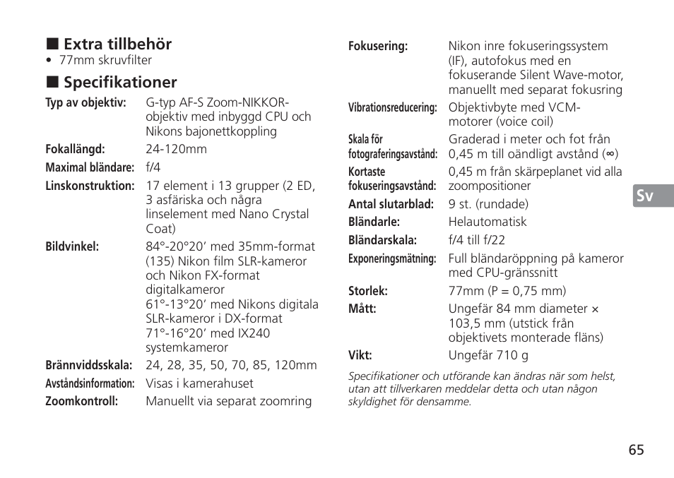 Jp en de fr es sv ru nl it cz sk ck ch kr | Nikon 24-120mm-f-4G-ED-AF-S-VR-Zoom-Nikkor User Manual | Page 65 / 164