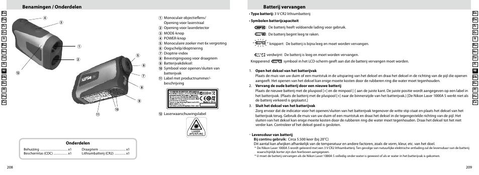 Benamingen / onderdelen, Batterij vervangen | Nikon Laser User Manual | Page 105 / 168