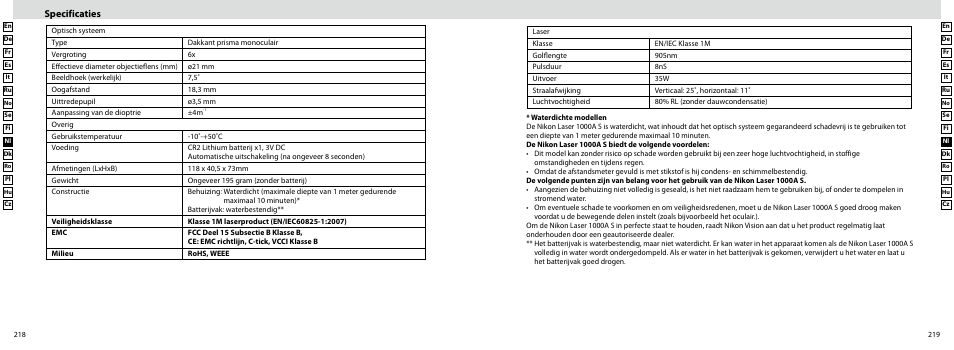 Specificaties | Nikon Laser User Manual | Page 110 / 168