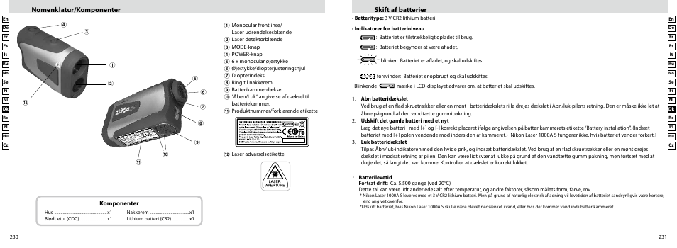 Skift af batterier, Nomenklatur/komponenter | Nikon Laser User Manual | Page 116 / 168