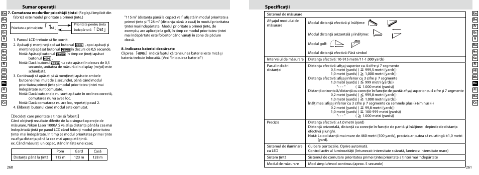 Sumar operaţii, Specificaţii | Nikon Laser User Manual | Page 131 / 168