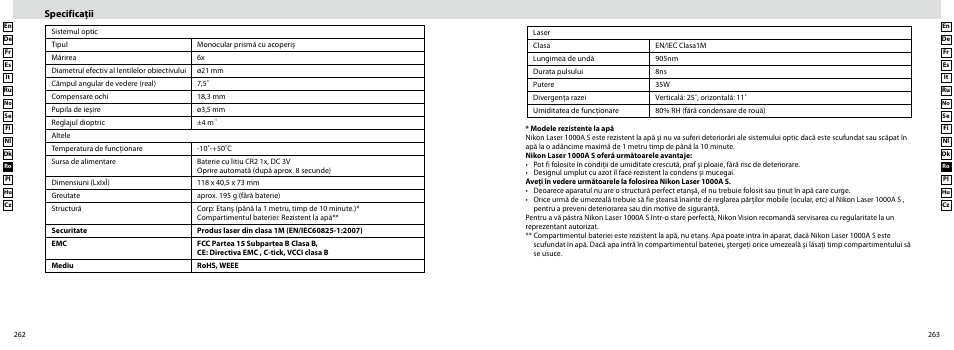 Specificaţii | Nikon Laser User Manual | Page 132 / 168