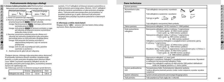 Podsumowanie dotyczące obsługi, Dane techniczne | Nikon Laser User Manual | Page 142 / 168