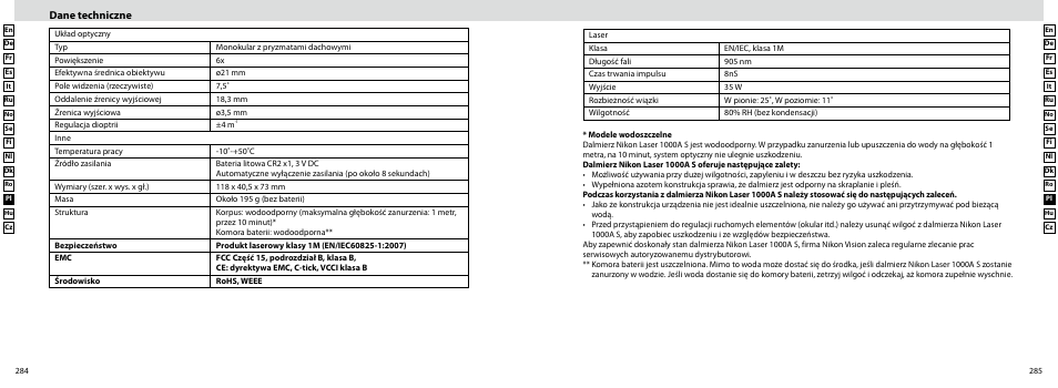 Dane techniczne | Nikon Laser User Manual | Page 143 / 168