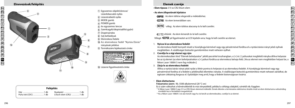 Elnevezések/felépítés, Elemek cseréje | Nikon Laser User Manual | Page 149 / 168