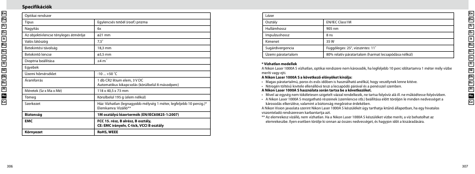 Specifikációk | Nikon Laser User Manual | Page 154 / 168