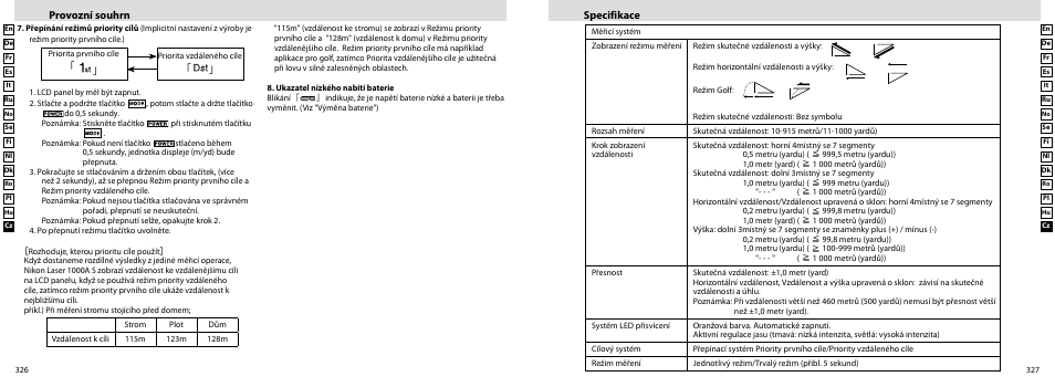 Provozní souhrn, Specifikace | Nikon Laser User Manual | Page 164 / 168