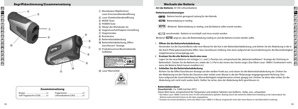 Begriffsbestimmung/zusammensetzung, Wechseln der batterie | Nikon Laser User Manual | Page 17 / 168
