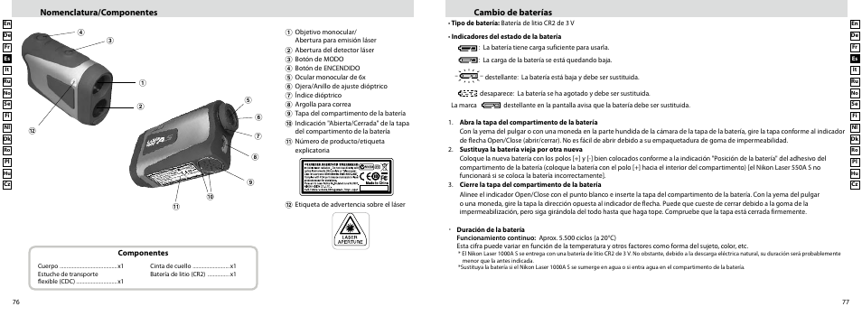 Nomenclatura/componentes cambio de baterías | Nikon Laser User Manual | Page 39 / 168