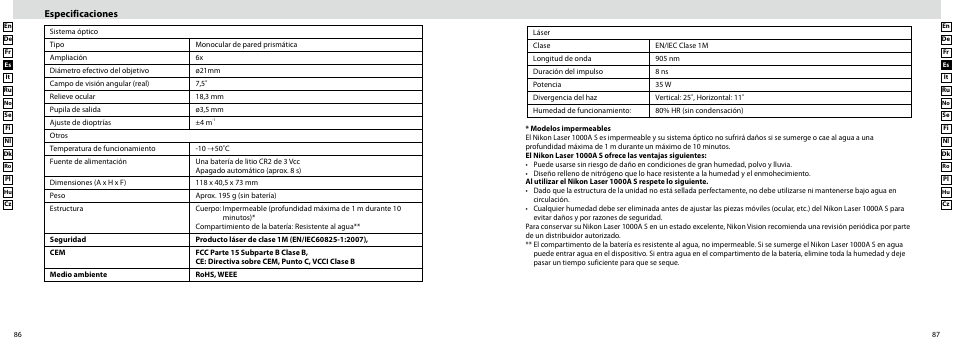 Especificaciones | Nikon Laser User Manual | Page 44 / 168