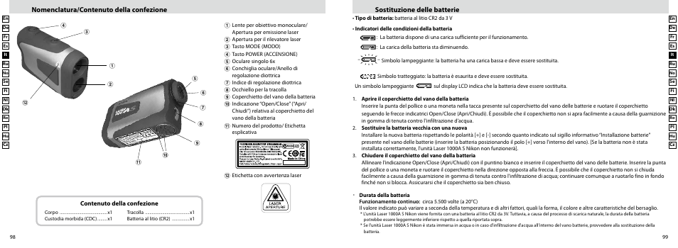 Sostituzione delle batterie, Nomenclatura/contenuto della confezione | Nikon Laser User Manual | Page 50 / 168