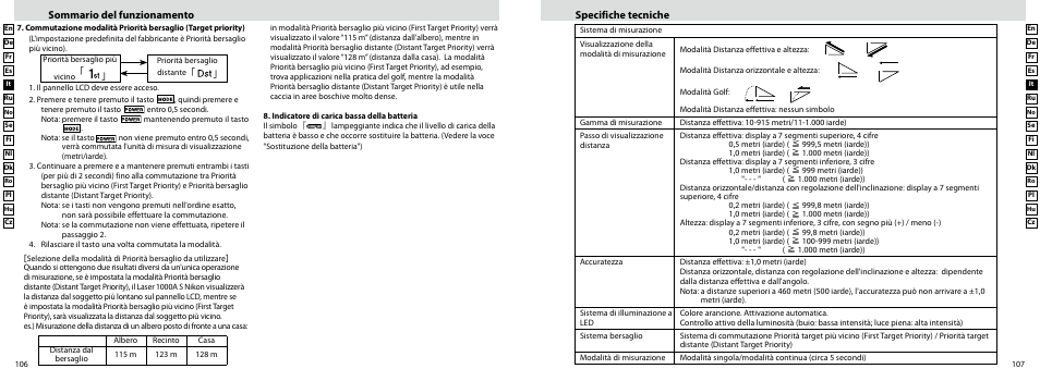 Sommario del funzionamento, Specifiche tecniche | Nikon Laser User Manual | Page 54 / 168