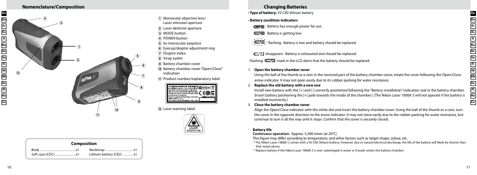 Changing batteries, Nomenclature/composition | Nikon Laser User Manual | Page 6 / 168