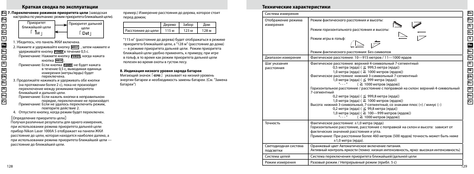 Краткая сводка по эксплуатации, Технические характеристики | Nikon Laser User Manual | Page 65 / 168