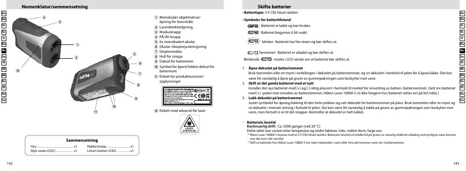 Skifte batterier, Nomenklatur/sammensetning | Nikon Laser User Manual | Page 72 / 168