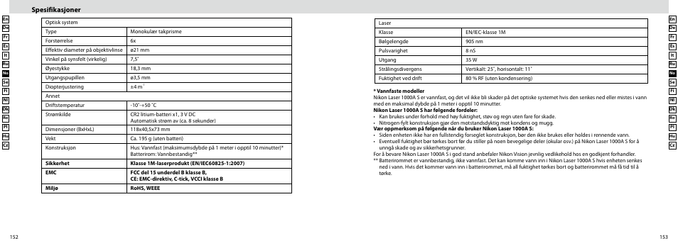 Spesifikasjoner | Nikon Laser User Manual | Page 77 / 168