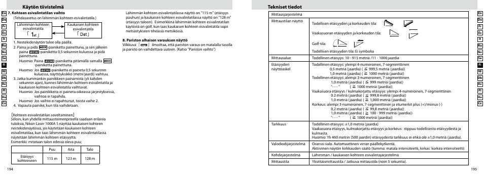 Käytön tiivistelmä, Tekniset tiedot | Nikon Laser User Manual | Page 98 / 168