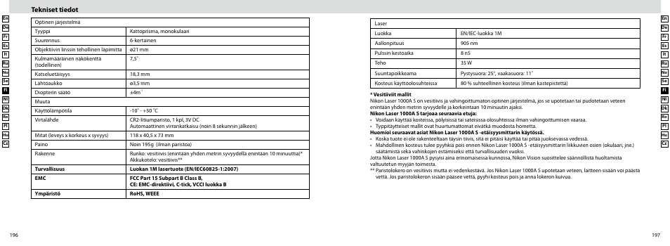 Tekniset tiedot | Nikon Laser User Manual | Page 99 / 168