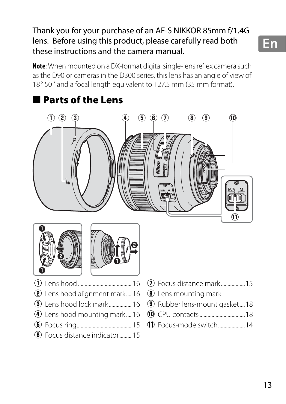 Parts of the lens, Jp en de fr es sv ru nl it cz sk ro ua ck ch kr | Nikon 85mm-f-14G-AF-S-Nikkor User Manual | Page 13 / 140