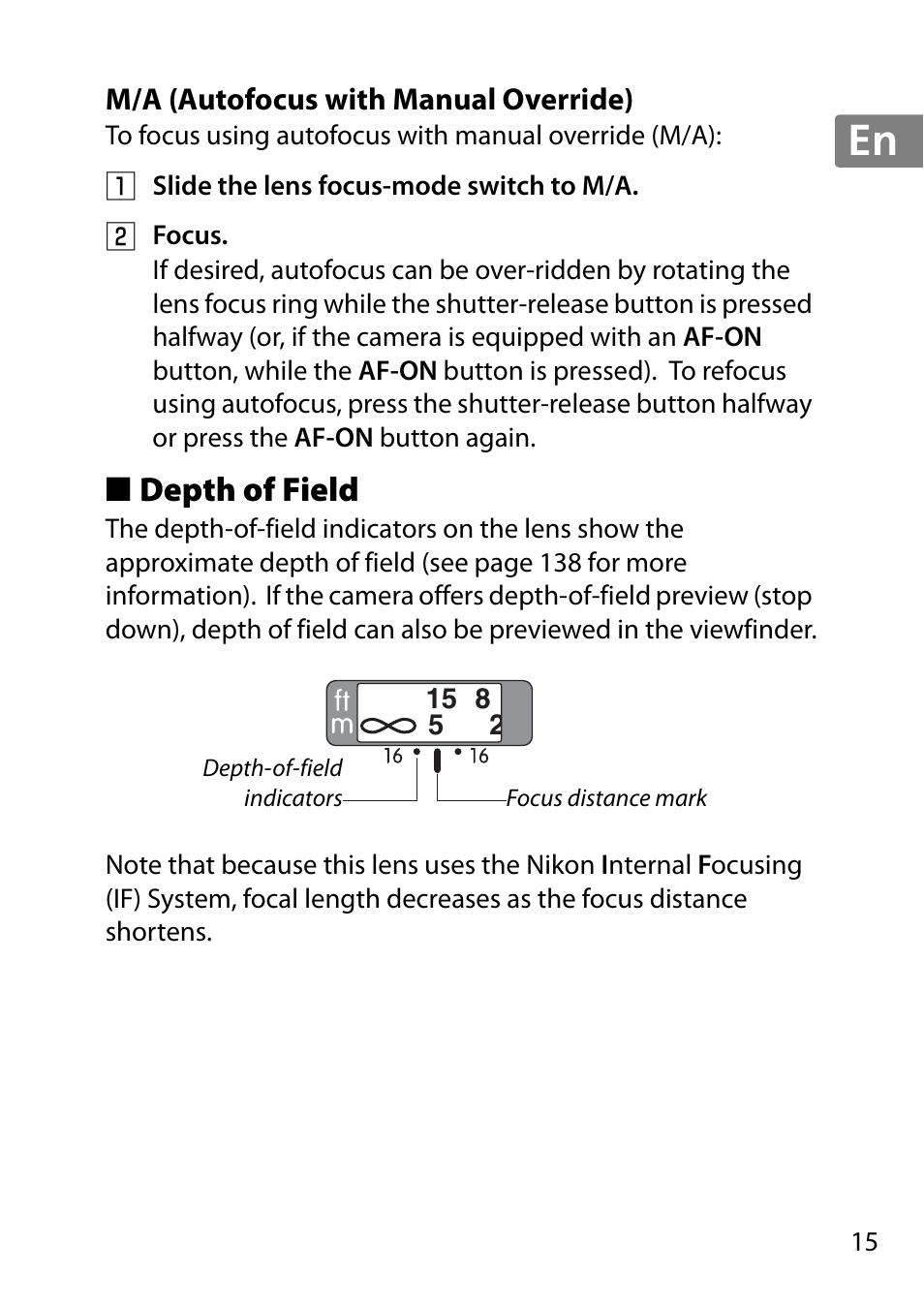 M/a (autofocus with manual override), Depth of field, Jp en de fr es sv ru nl it cz sk ro ua ck ch kr | Nikon 85mm-f-14G-AF-S-Nikkor User Manual | Page 15 / 140