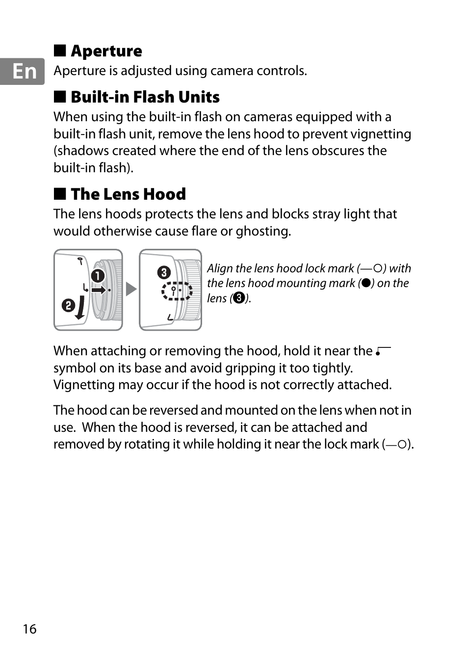 Aperture, Built-in flash units, The lens hood | Jp en de fr es sv ru nl it cz sk ro ua ck ch kr | Nikon 85mm-f-14G-AF-S-Nikkor User Manual | Page 16 / 140