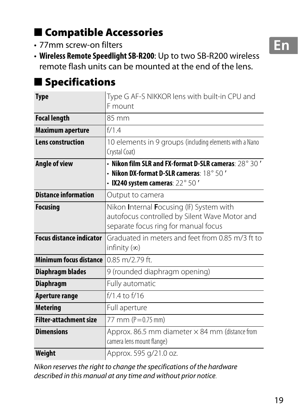 Compatible accessories, Specifications, Jp en de fr es sv ru nl it cz sk ro ua ck ch kr | Nikon 85mm-f-14G-AF-S-Nikkor User Manual | Page 19 / 140