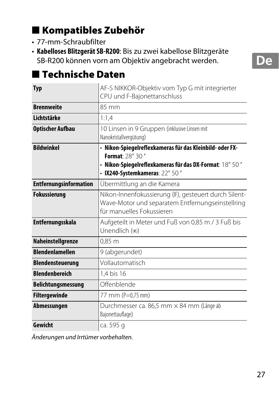 Kompatibles zubehör, Technische daten, Jp en de fr es sv ru nl it cz sk ro ua ck ch kr | Nikon 85mm-f-14G-AF-S-Nikkor User Manual | Page 27 / 140