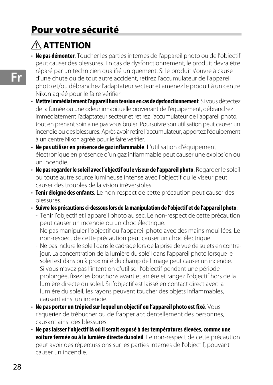 Pour votre sécurité, Attention, Jp en de fr es sv ru nl it cz sk ro ua ck ch kr | Nikon 85mm-f-14G-AF-S-Nikkor User Manual | Page 28 / 140