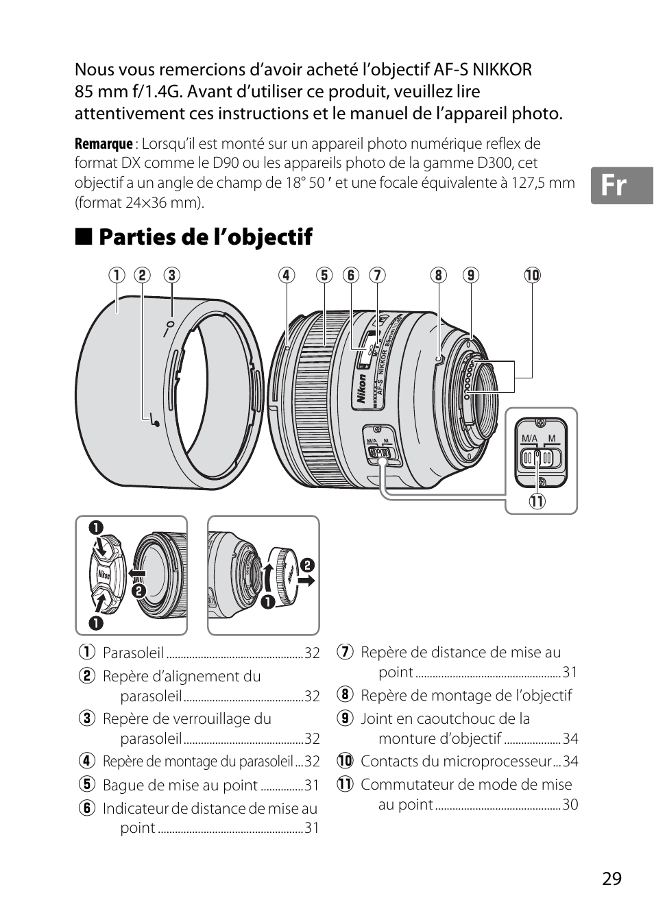 Parties de l’objectif, Jp en de fr es sv ru nl it cz sk ro ua ck ch kr | Nikon 85mm-f-14G-AF-S-Nikkor User Manual | Page 29 / 140