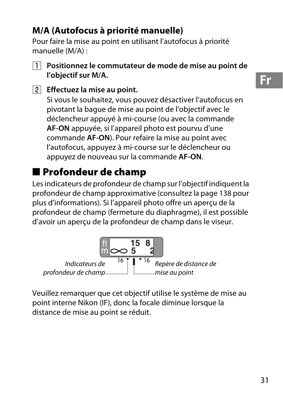 M/a (autofocus à priorité manuelle), Profondeur de champ, Jp en de fr es sv ru nl it cz sk ro ua ck ch kr | Nikon 85mm-f-14G-AF-S-Nikkor User Manual | Page 31 / 140