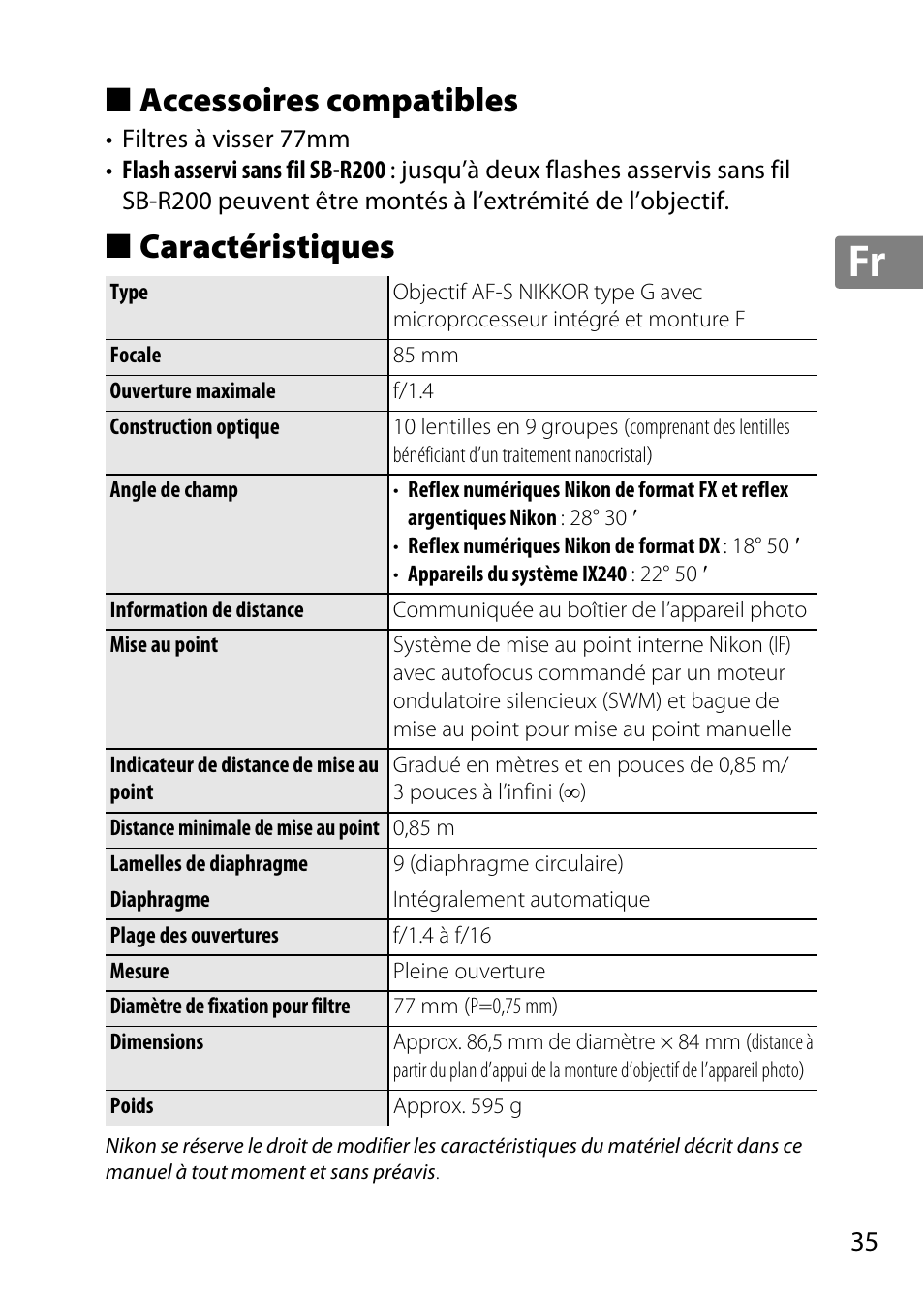 Accessoires compatibles, Caractéristiques, Jp en de fr es sv ru nl it cz sk ro ua ck ch kr | Nikon 85mm-f-14G-AF-S-Nikkor User Manual | Page 35 / 140