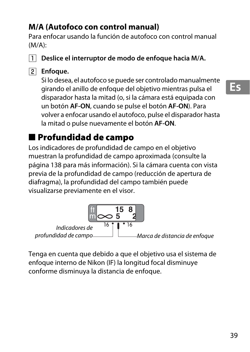 M/a (autofoco con control manual), Profundidad de campo, Jp en de fr es sv ru nl it cz sk ro ua ck ch kr | Nikon 85mm-f-14G-AF-S-Nikkor User Manual | Page 39 / 140
