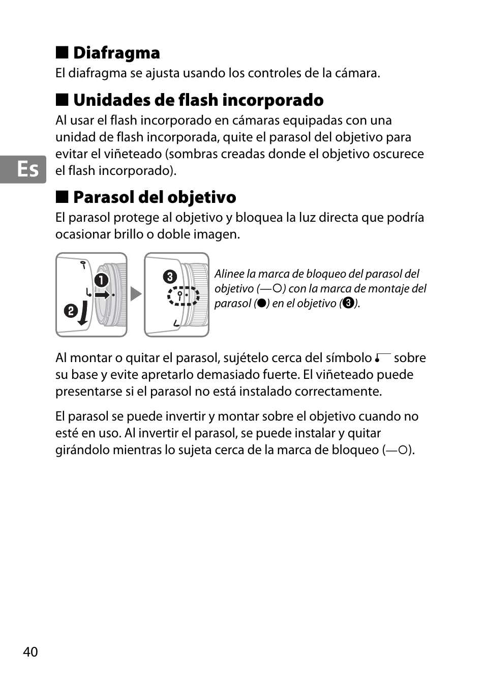 Diafragma, Unidades de flash incorporado, Parasol del objetivo | Jp en de fr es sv ru nl it cz sk ro ua ck ch kr | Nikon 85mm-f-14G-AF-S-Nikkor User Manual | Page 40 / 140