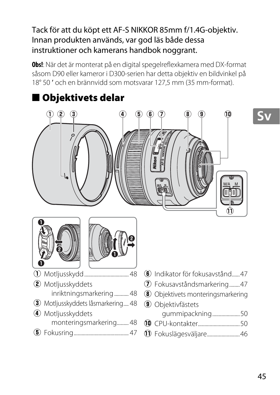 Objektivets delar, Jp en de fr es sv ru nl it cz sk ro ua ck ch kr | Nikon 85mm-f-14G-AF-S-Nikkor User Manual | Page 45 / 140