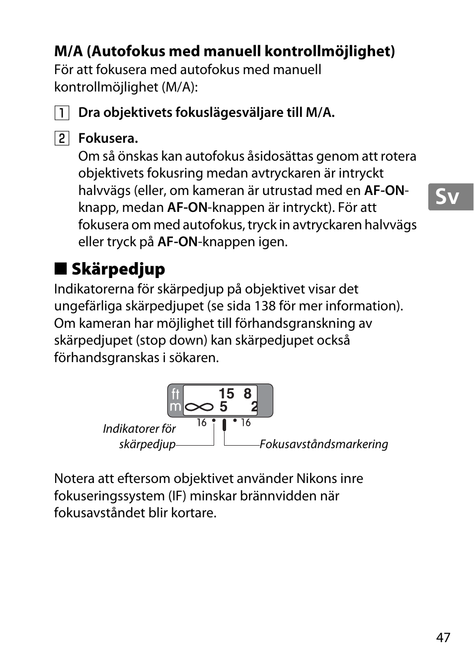 M/a (autofokus med manuell kontrollmöjlighet), Skärpedjup, Jp en de fr es sv ru nl it cz sk ro ua ck ch kr | Nikon 85mm-f-14G-AF-S-Nikkor User Manual | Page 47 / 140