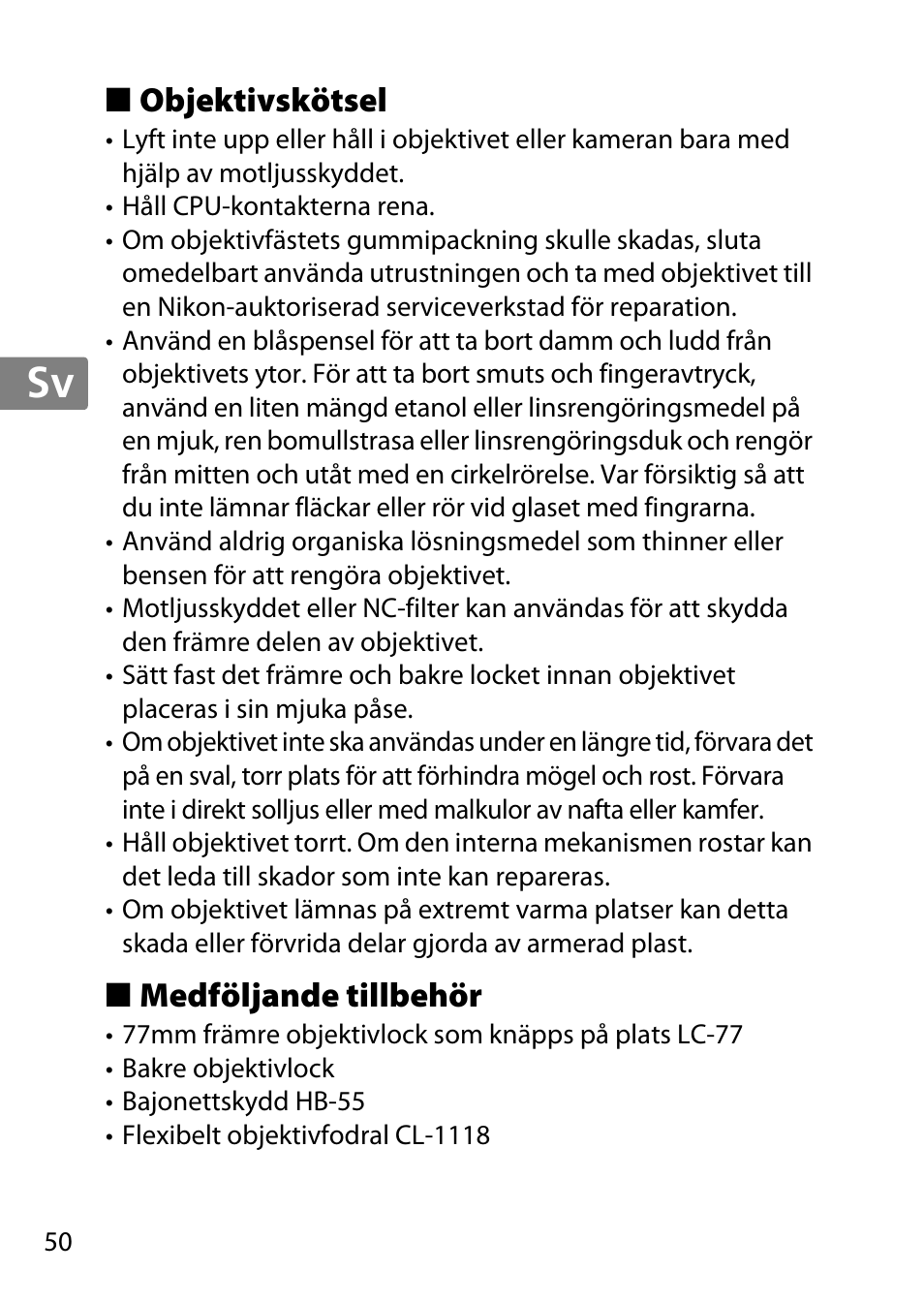 Objektivskötsel, Medföljande tillbehör, Jp en de fr es sv ru nl it cz sk ro ua ck ch kr | Nikon 85mm-f-14G-AF-S-Nikkor User Manual | Page 50 / 140