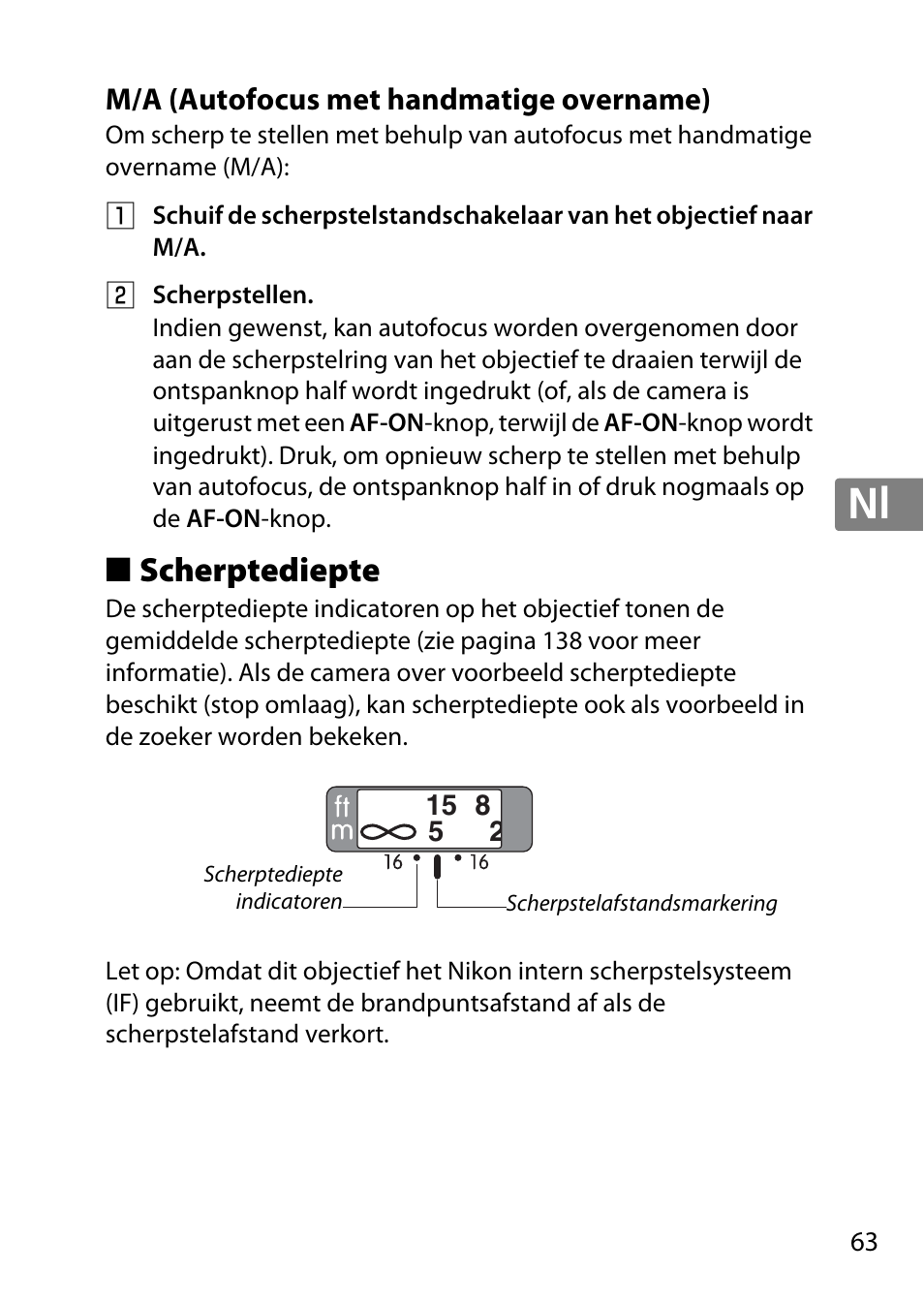 M/a (autofocus met handmatige overname), Scherptediepte, Jp en de fr es sv ru nl it cz sk ro ua ck ch kr | Nikon 85mm-f-14G-AF-S-Nikkor User Manual | Page 63 / 140