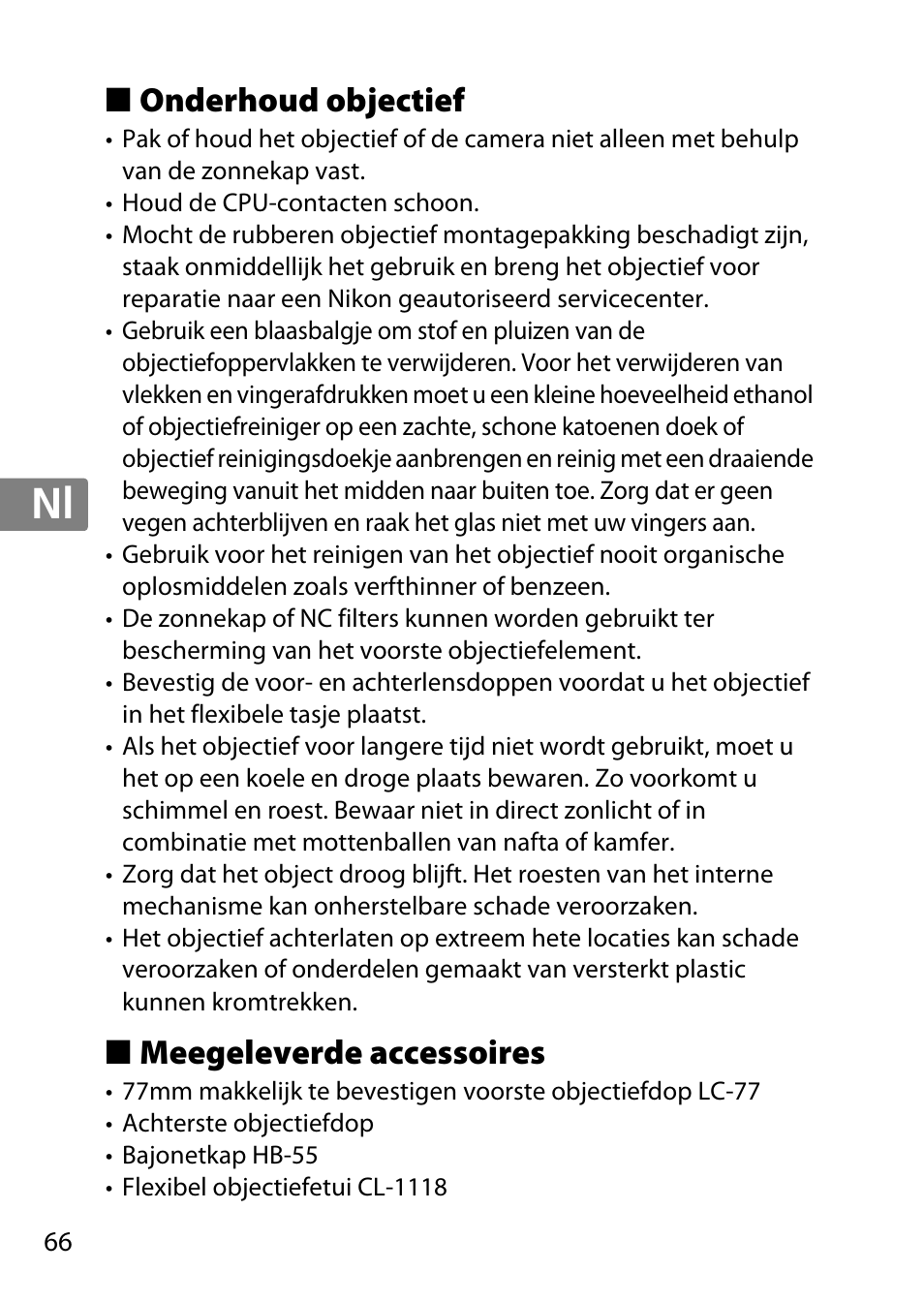 Onderhoud objectief, Meegeleverde accessoires, Jp en de fr es sv ru nl it cz sk ro ua ck ch kr | Nikon 85mm-f-14G-AF-S-Nikkor User Manual | Page 66 / 140