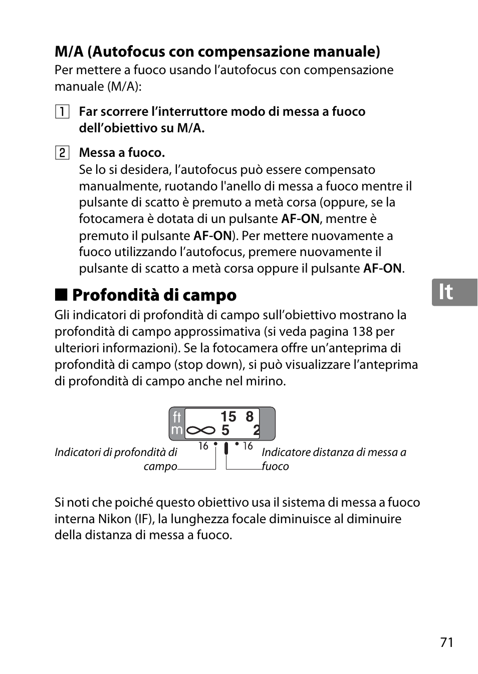 M/a (autofocus con compensazione manuale), Profondità di campo, Jp en de fr es sv ru nl it cz sk ro ua ck ch kr | Nikon 85mm-f-14G-AF-S-Nikkor User Manual | Page 71 / 140