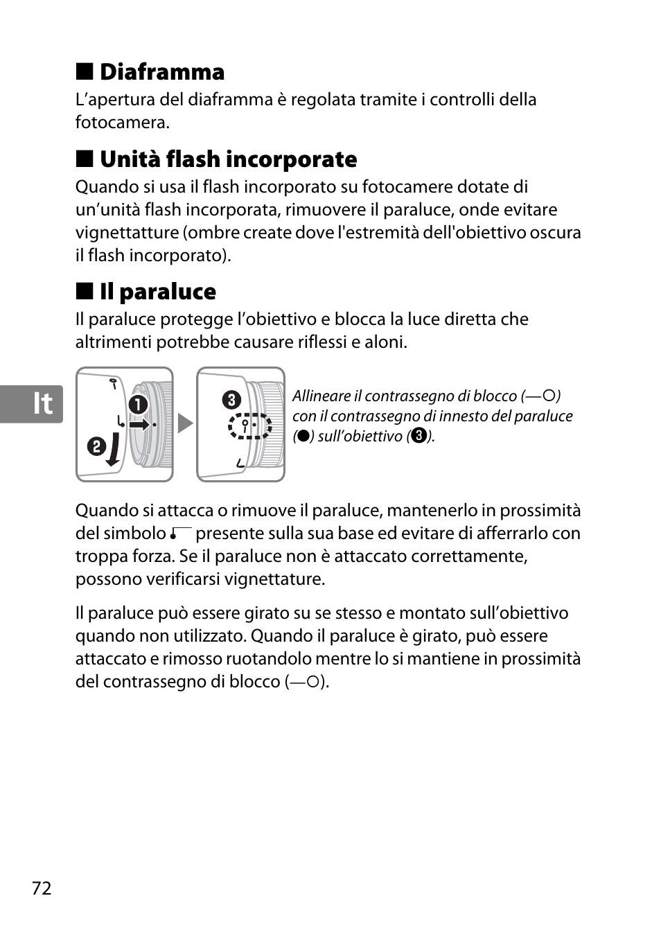 Diaframma, Unità flash incorporate, Il paraluce | Jp en de fr es sv ru nl it cz sk ro ua ck ch kr | Nikon 85mm-f-14G-AF-S-Nikkor User Manual | Page 72 / 140