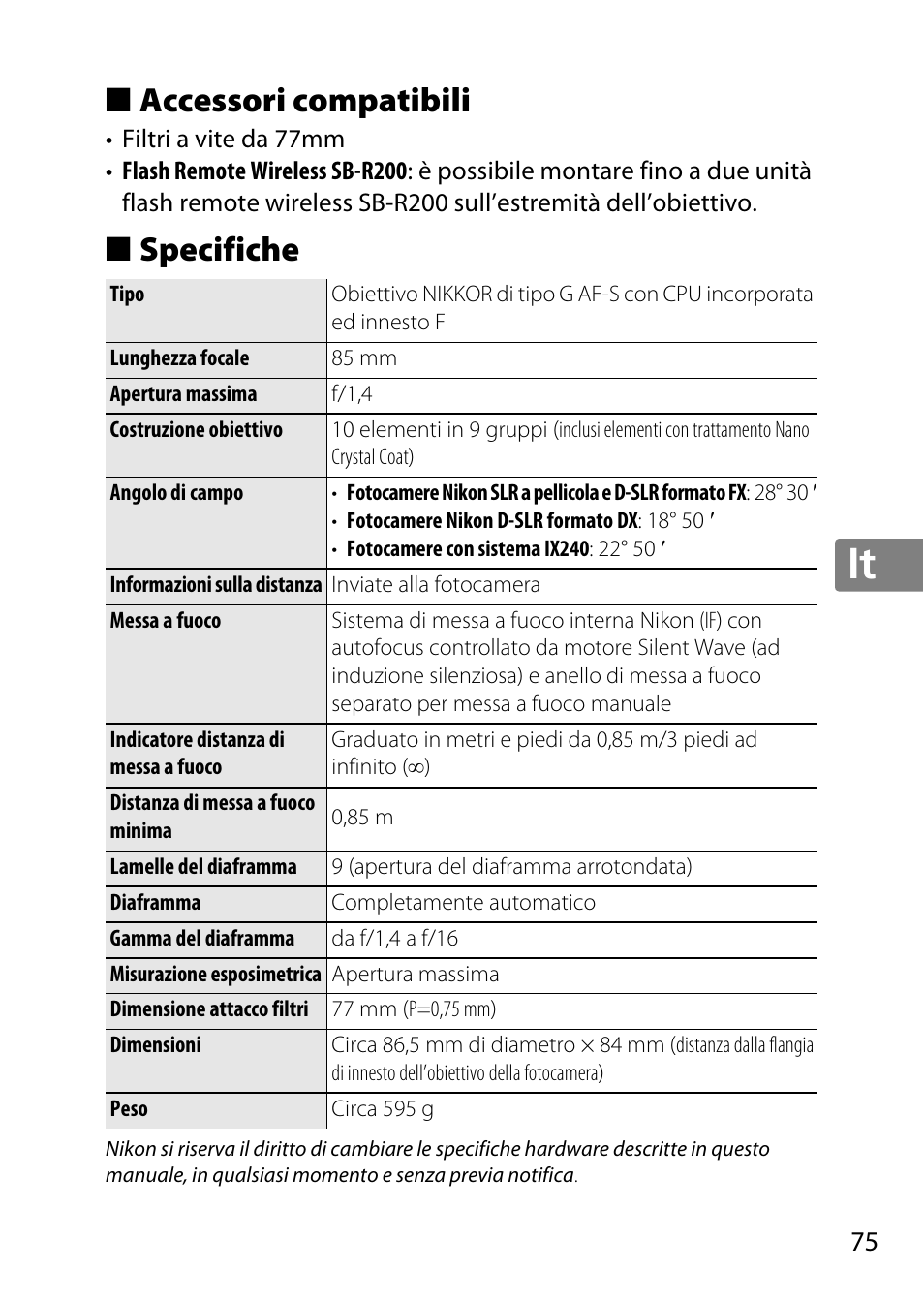 Accessori compatibili, Specifiche, Jp en de fr es sv ru nl it cz sk ro ua ck ch kr | Nikon 85mm-f-14G-AF-S-Nikkor User Manual | Page 75 / 140