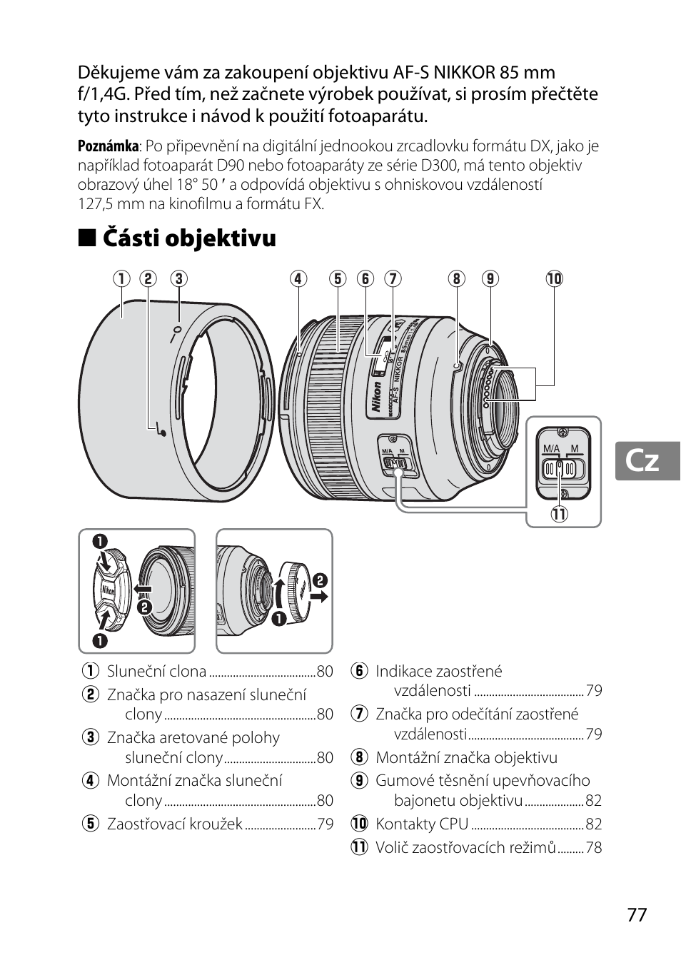 Části objektivu, Jp en de fr es sv ru nl it cz sk ro ua ck ch kr | Nikon 85mm-f-14G-AF-S-Nikkor User Manual | Page 77 / 140
